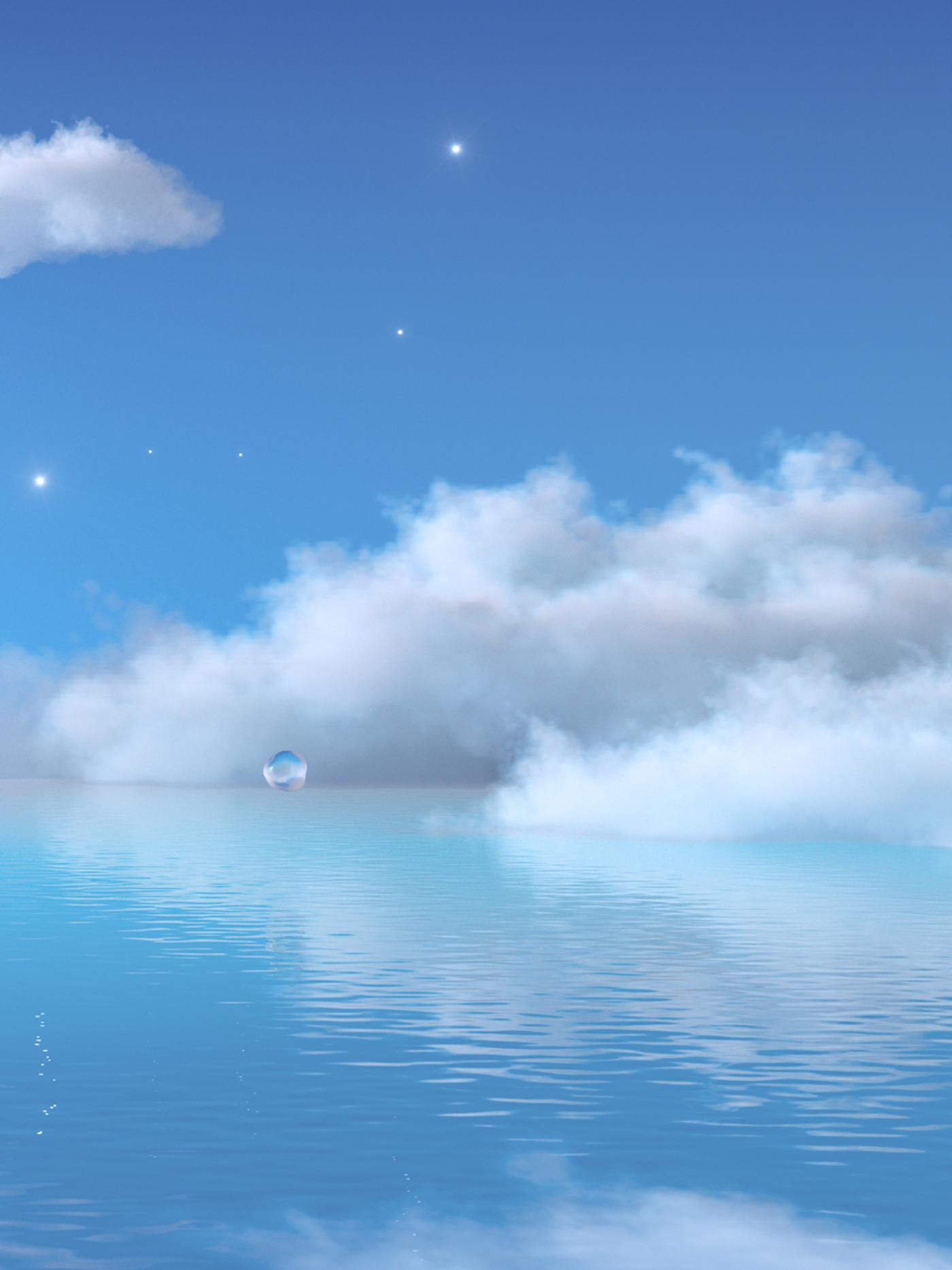 Stars and fluffy white clouds in the blue sky above a gently rippled sea of blue water.