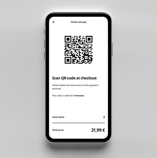 Step 3 scan and go, mobile phone displaying barcode to scan at registers to check out