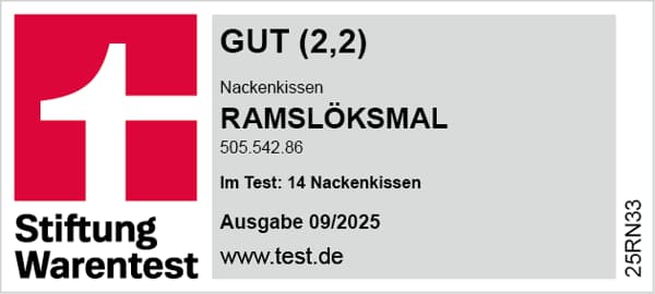 Stiftung Warentest Logo mit der Bewertung GUT für das RAMSLÖKSMAL Nackenkissen.