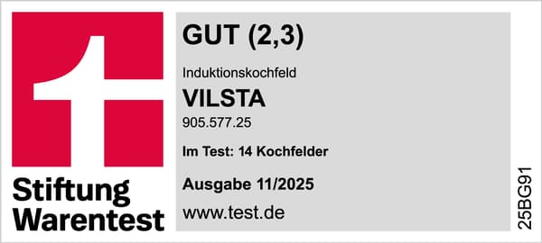 Stiftung Warentest Logo mit der Bewertung GUT für das VILSTA Induktionskochfeld