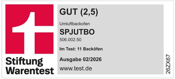 Stiftung Warentest Logo mit der Bewertung GUT für den SPJUTBO Umluftbackofen.
