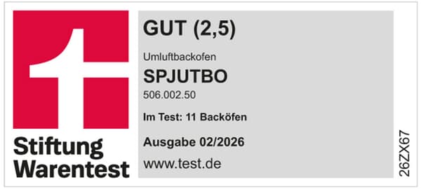 Stiftung Warentest Logo mit der Bewertung GUT für den SPJUTBO Umluftbackofen.