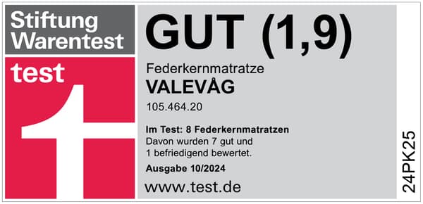 Stiftung Warentest Logo mit der Bewertung GUT für die VALEVAG Federkernmatratze.