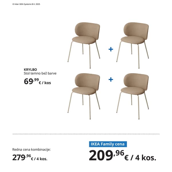 Štirje stoli KRYLBO v temno bež tkanini s tankimi kovinskimi nogami, prikazani kot komplet štirih. Pod izdelki sta prikazani redna in IKEA Family cena. 