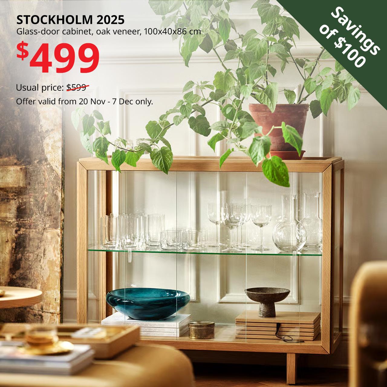 STOCKHOLM 2025 glass-door cabinet with sliding doors, oak veneer, in living room. $499