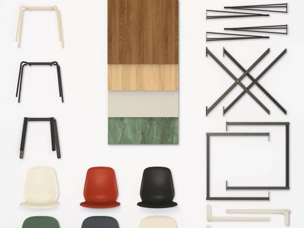 Stoelonderdelen en tafelbladen in diverse kleuren en materialen, netjes gerangschikt op een witte achtergrond.