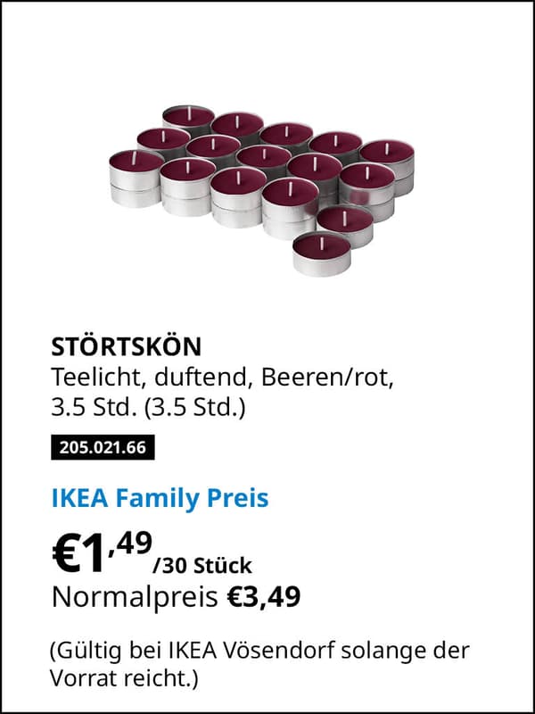 STÖRTSKÖN Teelicht, duftend, Beeren/rot, 3.5 Std. (3.5 Std.) Artikelnummer 205.021.66 statt € 3,49 zum IKEA Family Preis von € 1,49 
