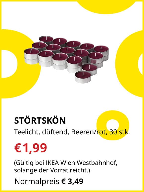 STÖRTSKÖN Teelicht, duftend, Beeren/rot, 3.5 Std., 30 Stück für €1,99 statt €3,49. Gültig bei IKEA Wien Westbahnhof, solange der Vorrat reicht.