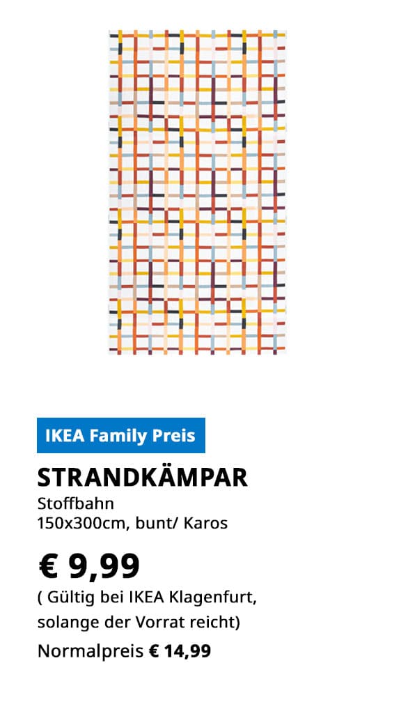  Stoffbahn Strandkämpar, 150x300, bunt, Karos, statt € 14,99 zum IKEA Family Preis von  € 9,99.