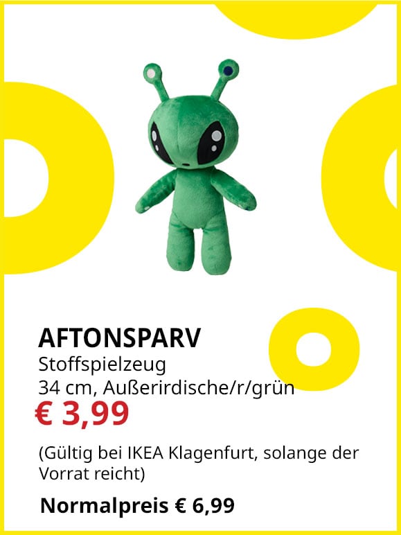 Stoffspielzeug Aftonsparv, 34 cm, Außerirdischer, Grün, statt €6,99 um €3,99.