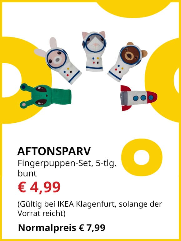 Stoffspielzeug Aftonsparv, Fingerpuppen, 5 Stück, statt € 7,99 um € 4,99.