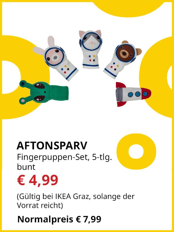 Stoffspielzeug Aftonsparv, Fingerpuppen, 5 Stück, statt € 7,99 um € 4,99.