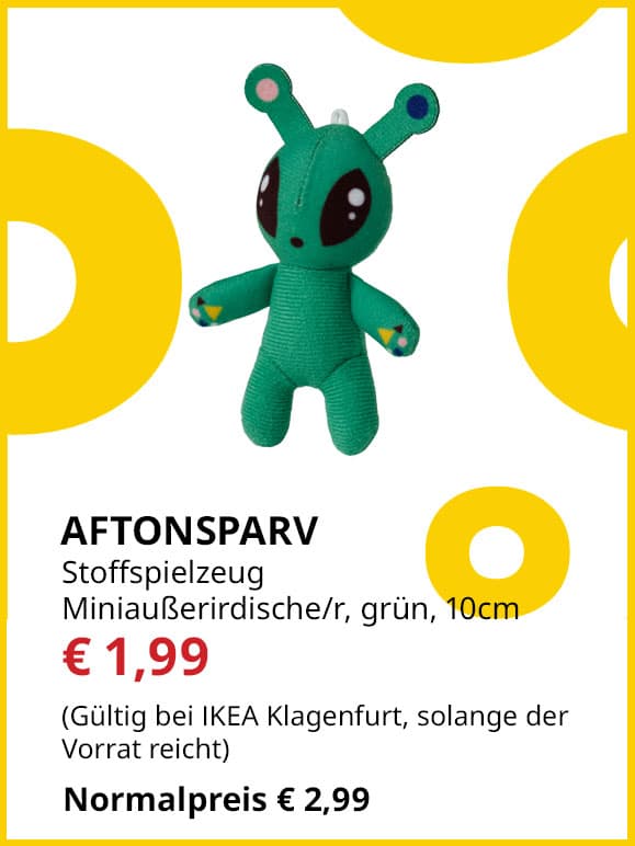 Stoffspielzeug Aftonsparv, Mini-Außerirdische/r, 10 cm, grün, statt € 2,99 um € 1,99.