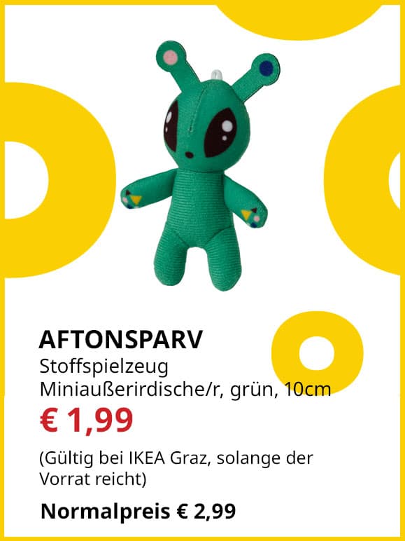 Stoffspielzeug Aftonsparv, Mini-Außerirdische/r, 10 cm, grün, statt € 2,99 um € 1,99.