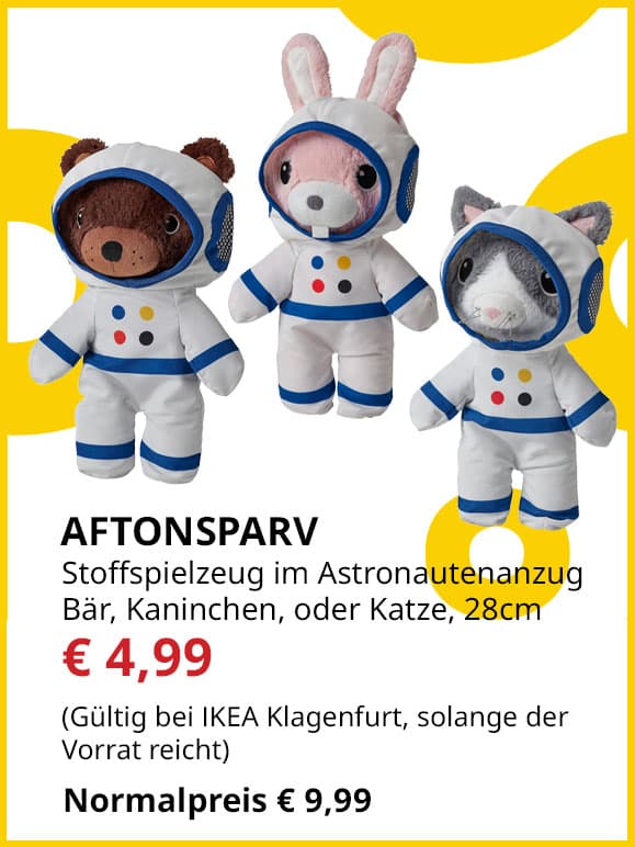 Stoffspielzeug im Astronautenanzug Aftonsparv, Bär, Kaninchen oder Katze, 28cm groß, statt € 9,99 um € 4,99.