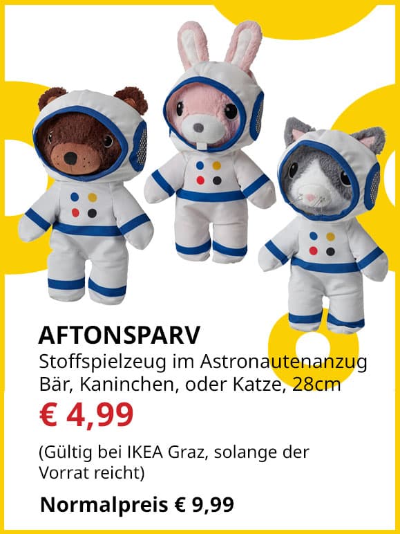 Stoffspielzeug im Astronautenanzug Aftonsparv, Bär, Kaninchen oder Katze, 28cm groß, statt € 9,99 um € 4,99.