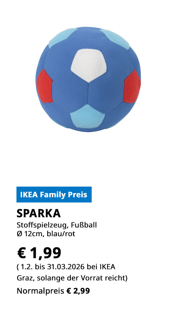 Stoffspielzeug Sparka, Fußball, 12cm Durchmesser ,blau rot, statt € 2,99 zum IKEA Family Preis von € 1,99