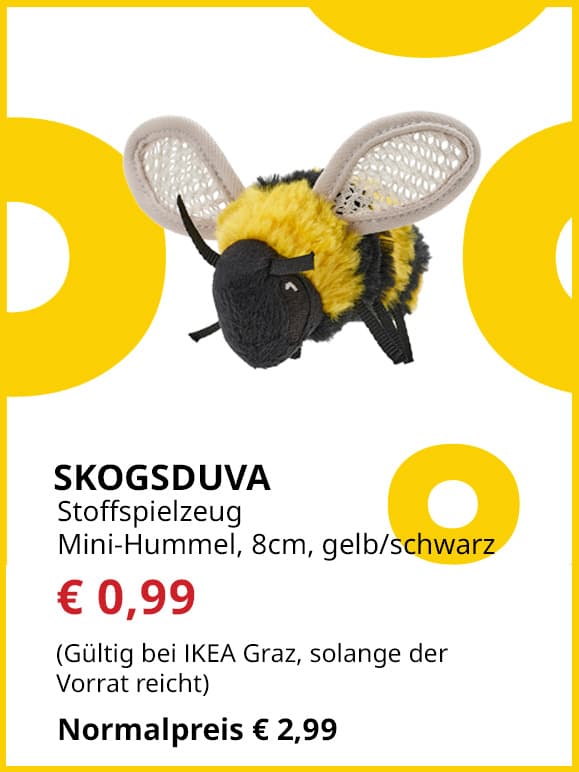 Stoffspilezeug Skogsduva, Mini.Hummel, 8cm, gelb/schwarz, statt € 2,99 um € 0,99.