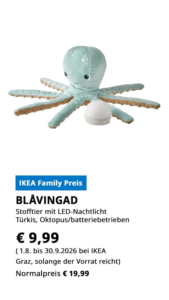Stofftier mit NAchtlicht, BLAVINGAD Oktopus, türkis, statt € 19,99 zum IKEA Family Preis von € 9,99