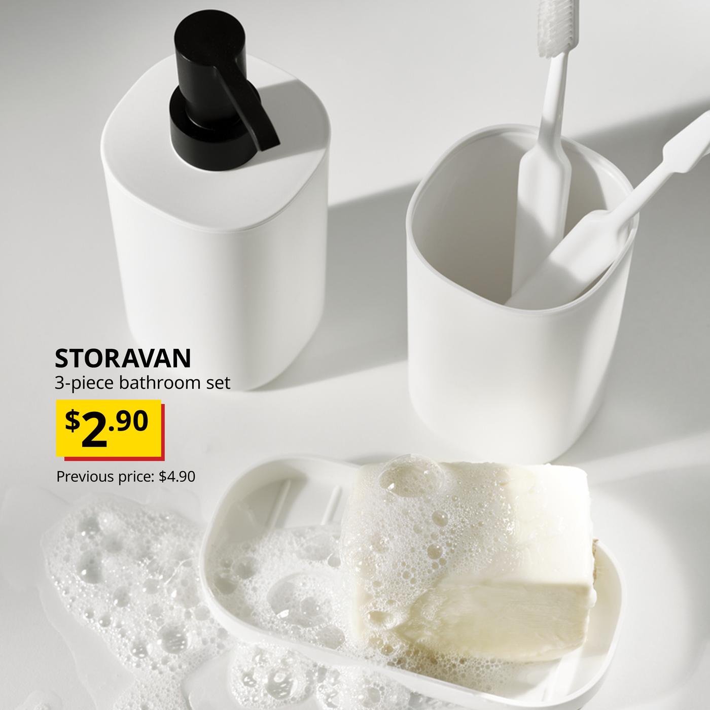 STORAVAN 3 piece bathroom set with toothbrushes and a soap.