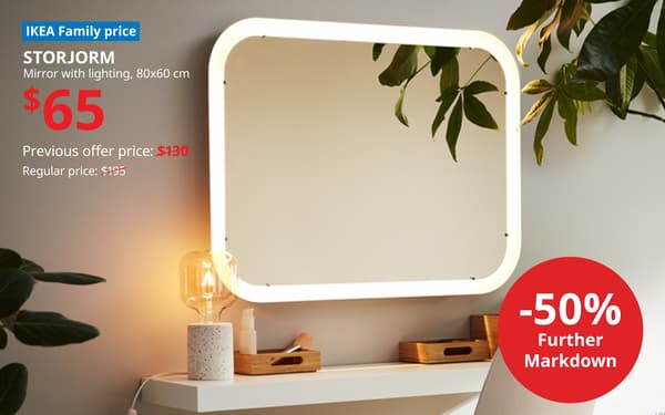 STORJORM mirror with integrated lighting, now $65 with an extra 50% markdown during the final 3 days of the IKEA Swedish Midsommar Sale.