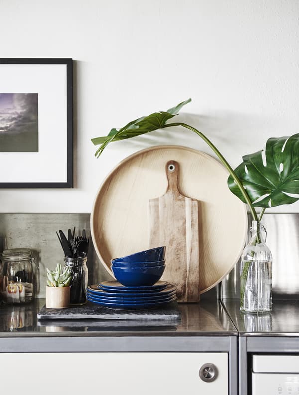 Stoviglie e piante su un piano di lavoro in metallo.