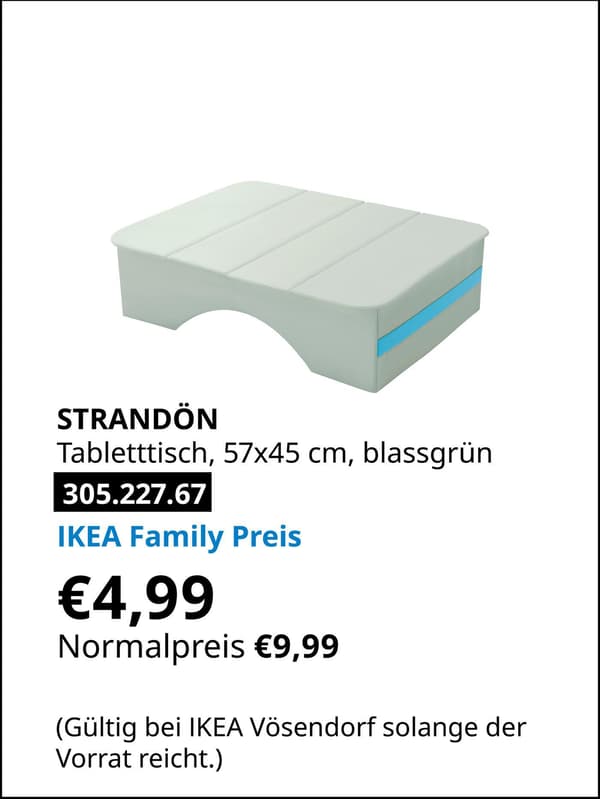 STRANDÖN Tabletttisch, 57x45cm, blassgrün statt € 9,99 zum IKEA Family Preis von € 4,99