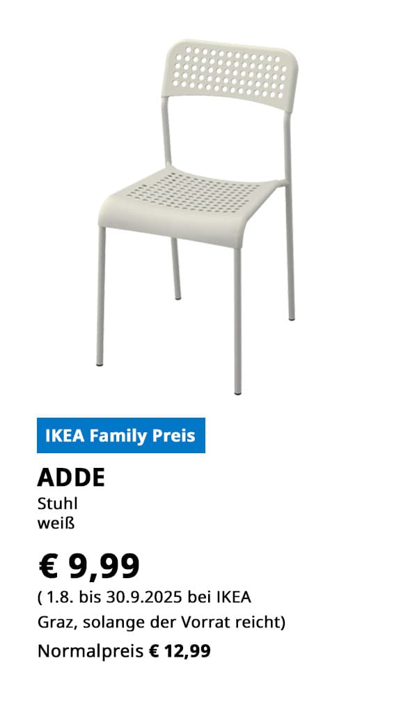 Stuhl Adde. weiß, statt € 12,99 zum IKEA Family Preis von € 6,99.