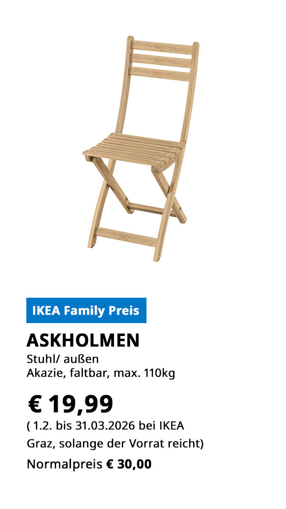 Stuhl für außen Askholmen, Akazie, faltbar, statt € 30 zum IKEA Family Preis von € 19,99