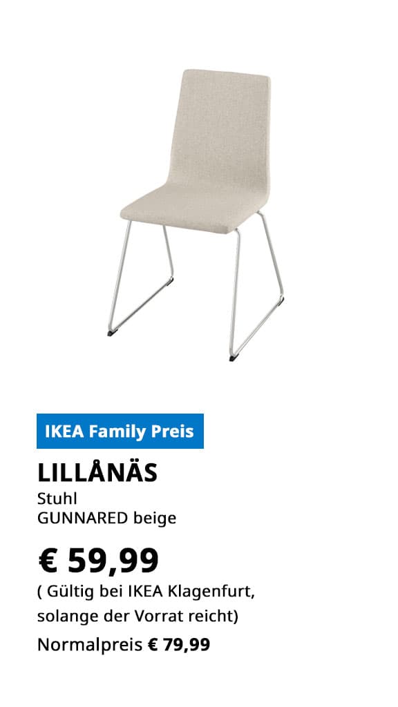  Stuhl Lillånäs, Gunnared beige, statt € 79,99 zum IKEA Family Preis von 59,99.