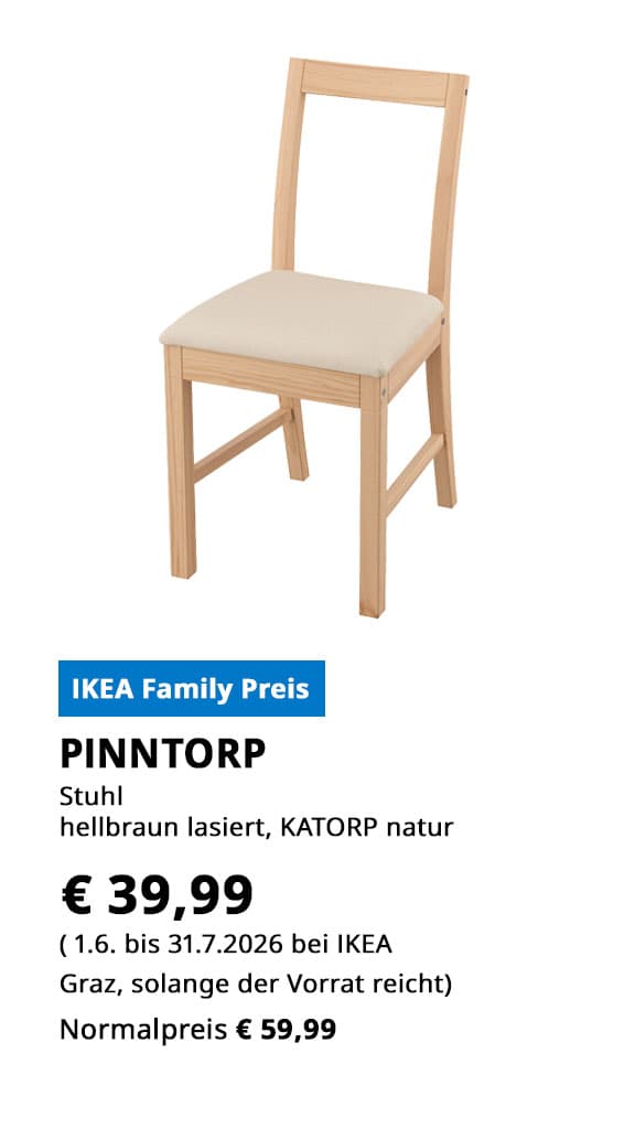 Stuhl Pinntorp, hellbraun lasiert, Bezug KAtropr natur, statt € 59,99 zum IKEA Family Preis von € 39,99.