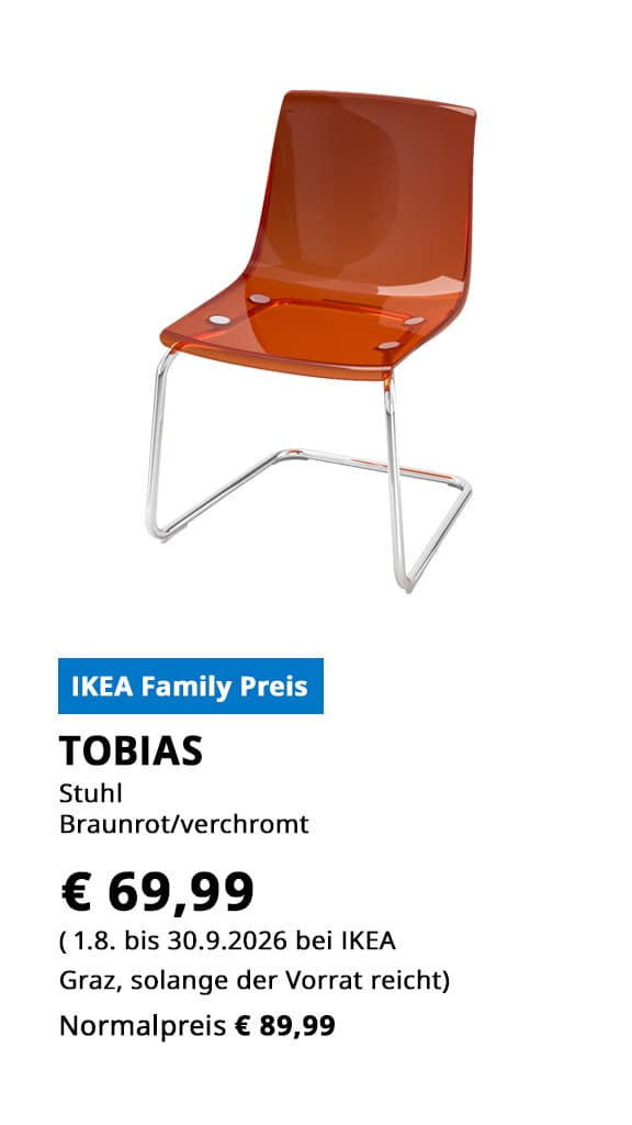 Stuhl Tobias, braunrot, verchromt, statt € 89,99 zum IKEA Family Preis von € 69,99.