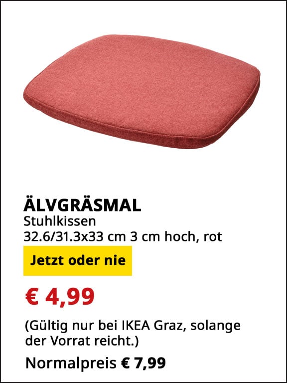 Stuhlkissen Älvgräsmal,  32,6x31,3x33cm, 3 cm hoch, rot, statt € 7,99 um € 4,99.
