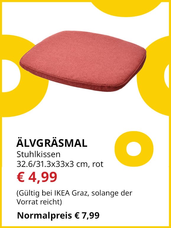 Stuhlkissen Alvgräsmal, 32,6x31,3x33,3cm, rot, statt € 7,99 um € 4,99.