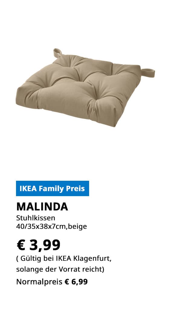 Stuhlkissen Malinda, 40/35x38x7cm, beige, statt € 6,99 zum IKEA Family Preis von € 3,99.