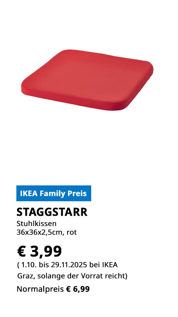 Stuhlkissen Staggstarr, 36x36x2,5cm, rot, statt € 6,99 um € 3,99.