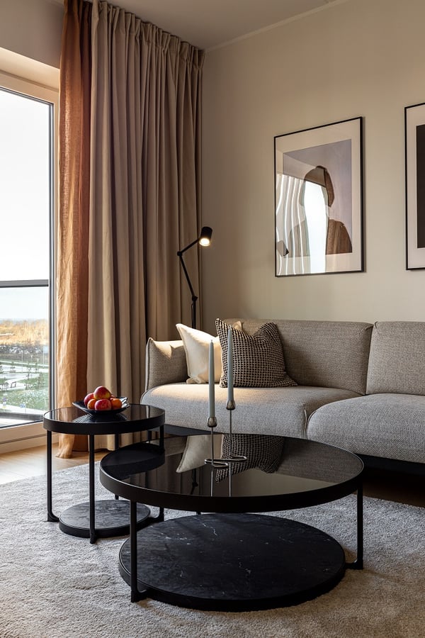 Stylish living room corner with gray sofa, black coffee tables, and floor lamp.