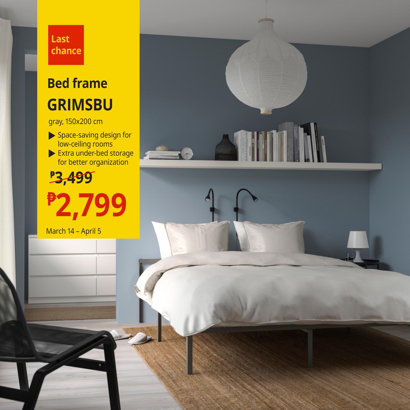 Stylish shelving unit with books and decorative items, featuring a reflective round mirror above. Sale price of 6,999 PHP. Text reads "Last chance" and "March 14 – April 5".