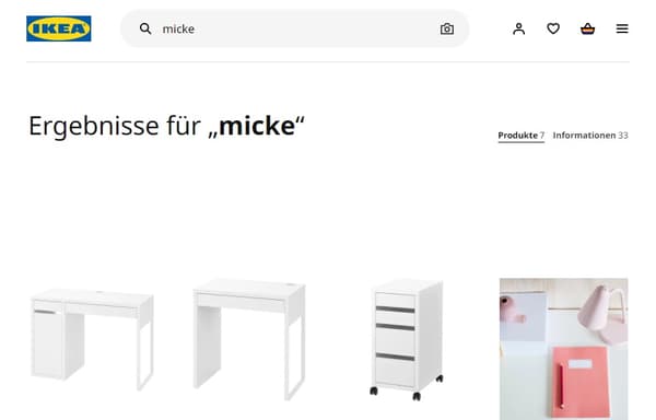 Suchfunktion: Ein Auschnitt aus dem IKEA Onlineshop.