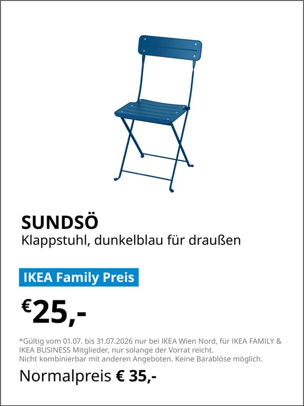 SÜNDSO
Klappstuhl, dunkelblau für draußen

IKEA FAMILY Preis €25,-
statt Normalpreis €35,-