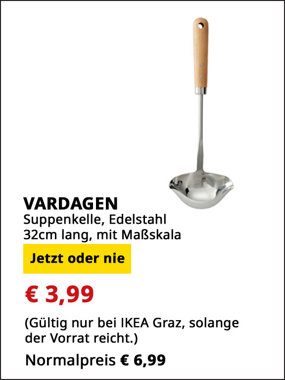 Suppenkelle mit Maßskala Vardagen, Edelstahl, 32cm lang, statt € 6,99 um € 3,99.