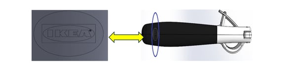 Svart VÄRDEFULL vitlökspress med en inzoomad illustration av IKEA-logotypen på handtaget.