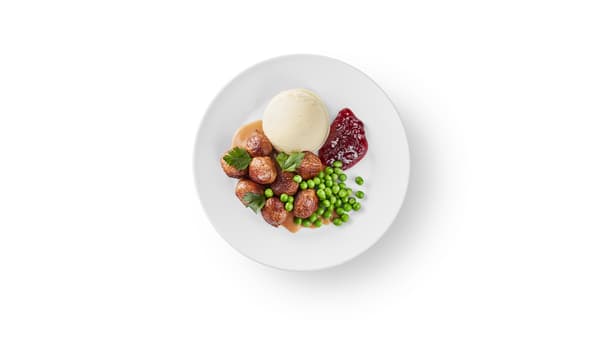Svéd húsgolyó, 8 db, burgonyapüré, zöldborsó, áfonyalekvár, krémmártás.