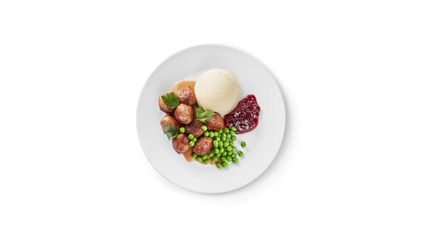 Svéd húsgolyó, 8 db, burgonyapüré, zöldborsó, áfonyalekvár, krémmártás.
