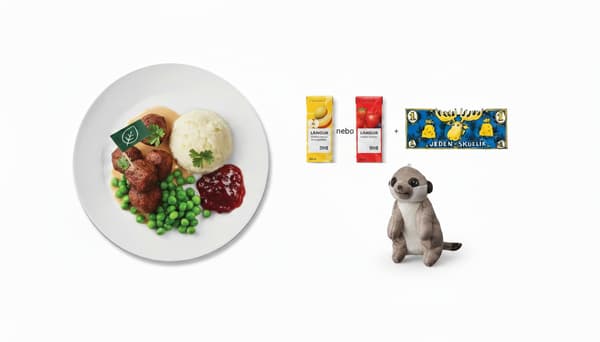 Švédské bezmasé kuličky
5 ks kuliček, smetanová omáčka, hrášek, brusinky, příloha, smoothie LÅNGLUR z ovoce a zeleniny nebo smoothie LÅNGLUR s jablky a lesním ovocem, plyšová hračka SANDLÖPARE