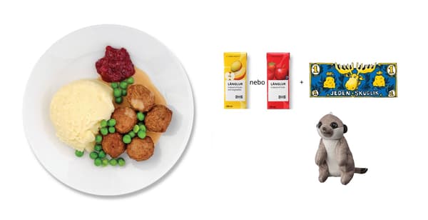 Švédské masové kuličky 5 ks, hrášek, smetanová omáčka, příloha, brusinky, ovocné smoothie LÅNGLUR, plyšová hračka SANDLÖPARE- surikata