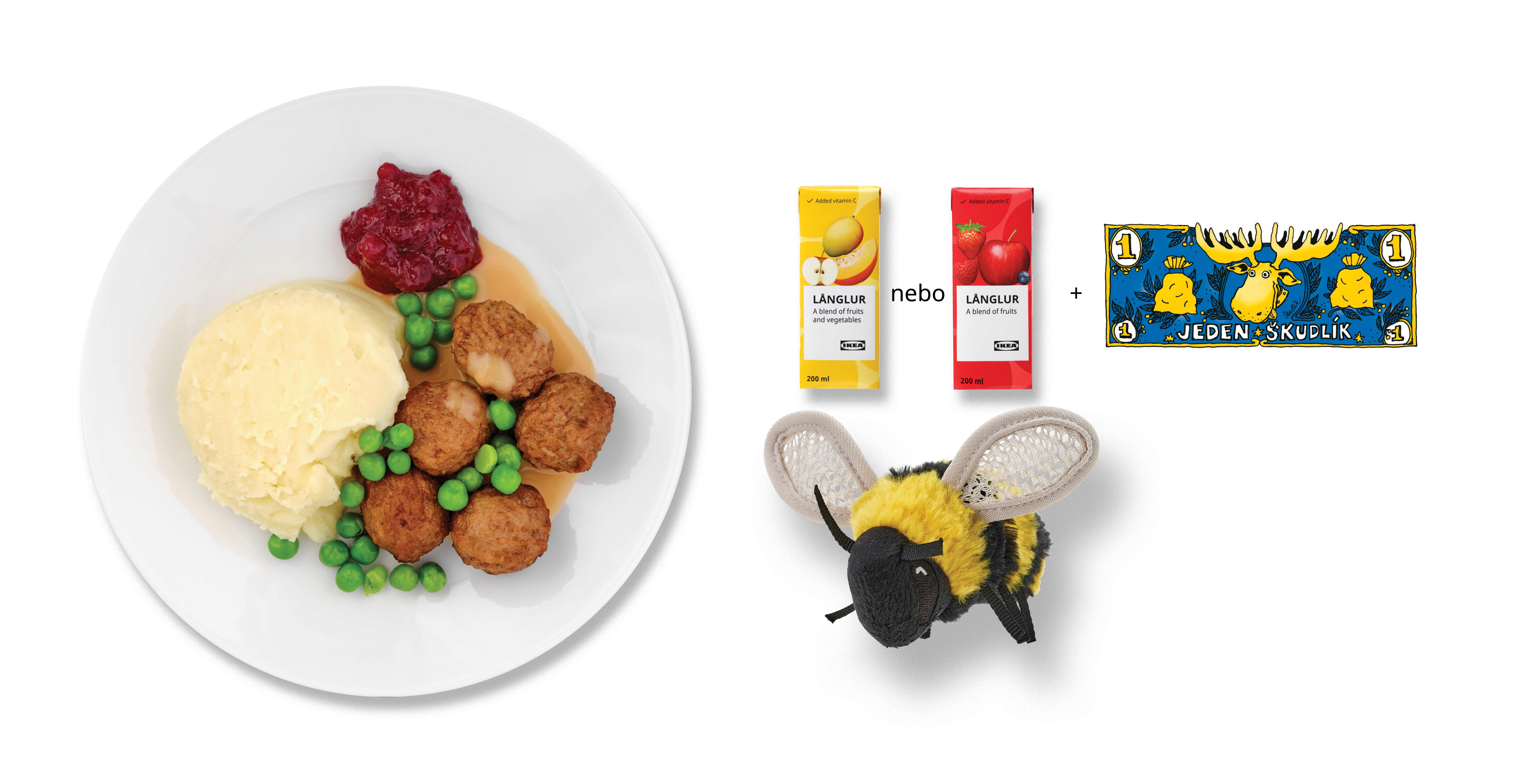 Švédské masové kuličky, 5 ks, hrášek, smetanová omáčka, příloha, brusinky, ovocné smoothie LÅNGLUR, plyšová hračka SKOGSDUVA