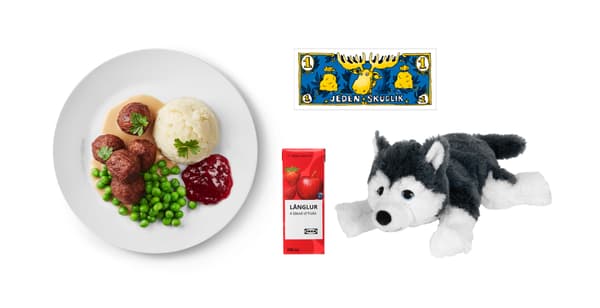 Švédské masové kuličky
5 ks, hrášek, smetanová omáčka, příloha, brusinky, LÅNGLUR  smoothie s lesním ovocem, LIVLIG, plyšová hračka