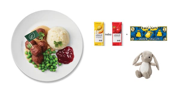 Švédské masové kuličky 5 ks, hrášek, smetanová omáčka, příloha, brusinky, ovocné smoothie LÅNGLUR, plyšová hračka DVÄRGHARE - zajíček