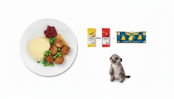 Švédské masové kuličky 5 ks kuliček, smetanová omáčka, hrášek, brusinky, příloha, smoothie LÅNGLUR z ovoce a zeleniny nebo smoothie LÅNGLUR s jablky a lesním ovocem, plyšová hračka SANDLÖPARE